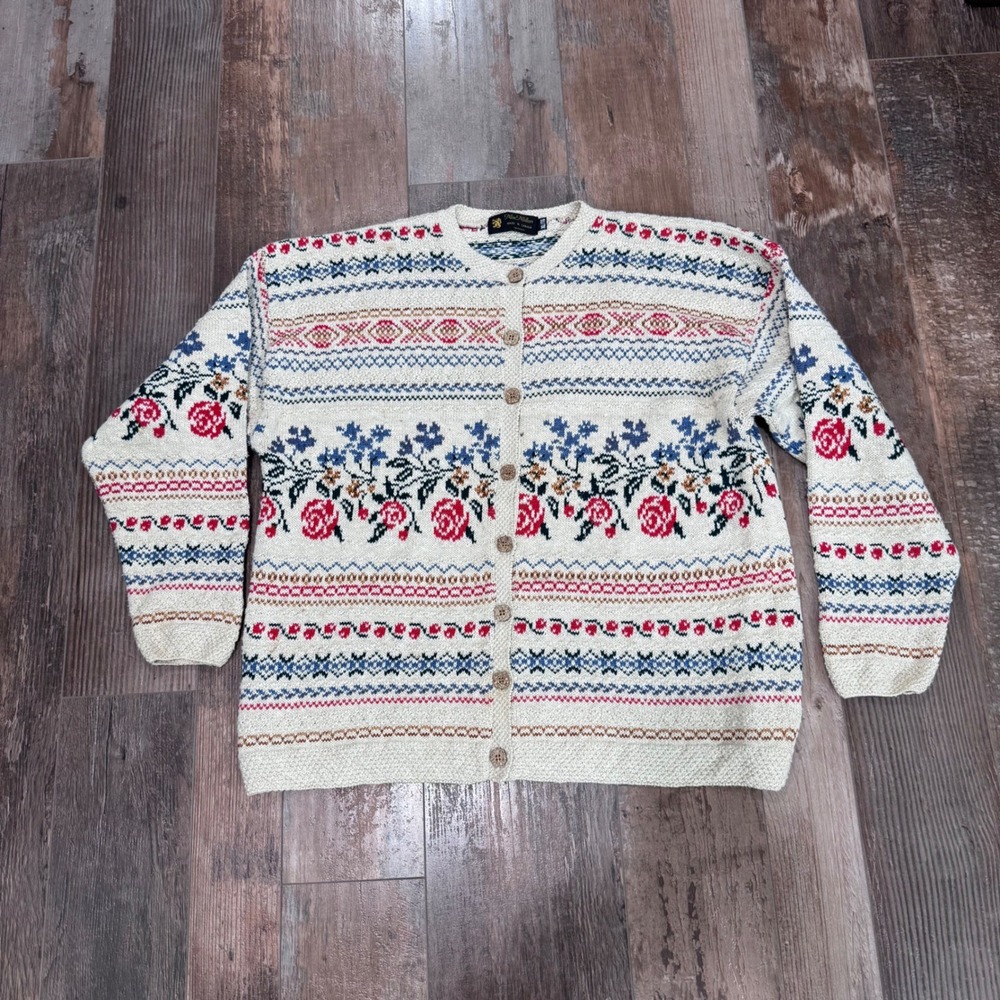MacMillan Vintage Floral Fair Isle Cardigan Sweater Cream Red Blue XL Canada